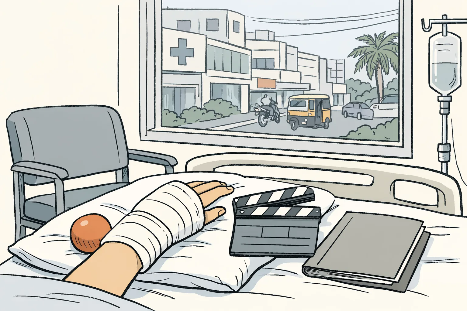 A quiet hospital recovery room with a bandaged wrist resting on a pillow beside a rehabilitation exercise ball, a folded film clapperboard, and an empty chair; a window looks onto a Coimbatore street.