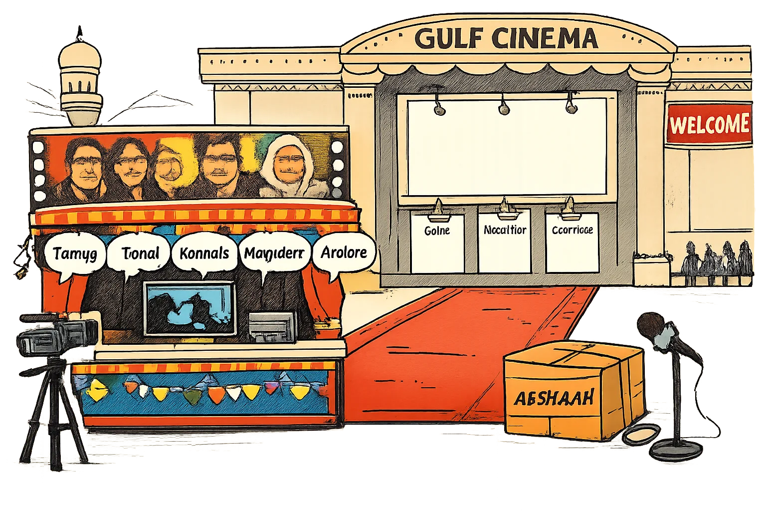A Hyderabad film-promotion display advertises five language versions beside an empty cinema booking counter, with blank boards for a release date, distributor and screen count.
