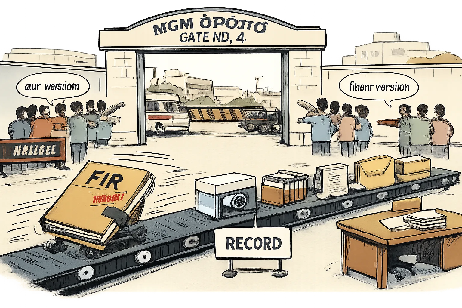 Outside Gate No. 4 of MGM Hospital in Warangal, a stamped FIR file moves quickly on a conveyor belt while CCTV footage, medical records and a counter-complaint wait in a long evidence queue; two groups point in opposite directions.