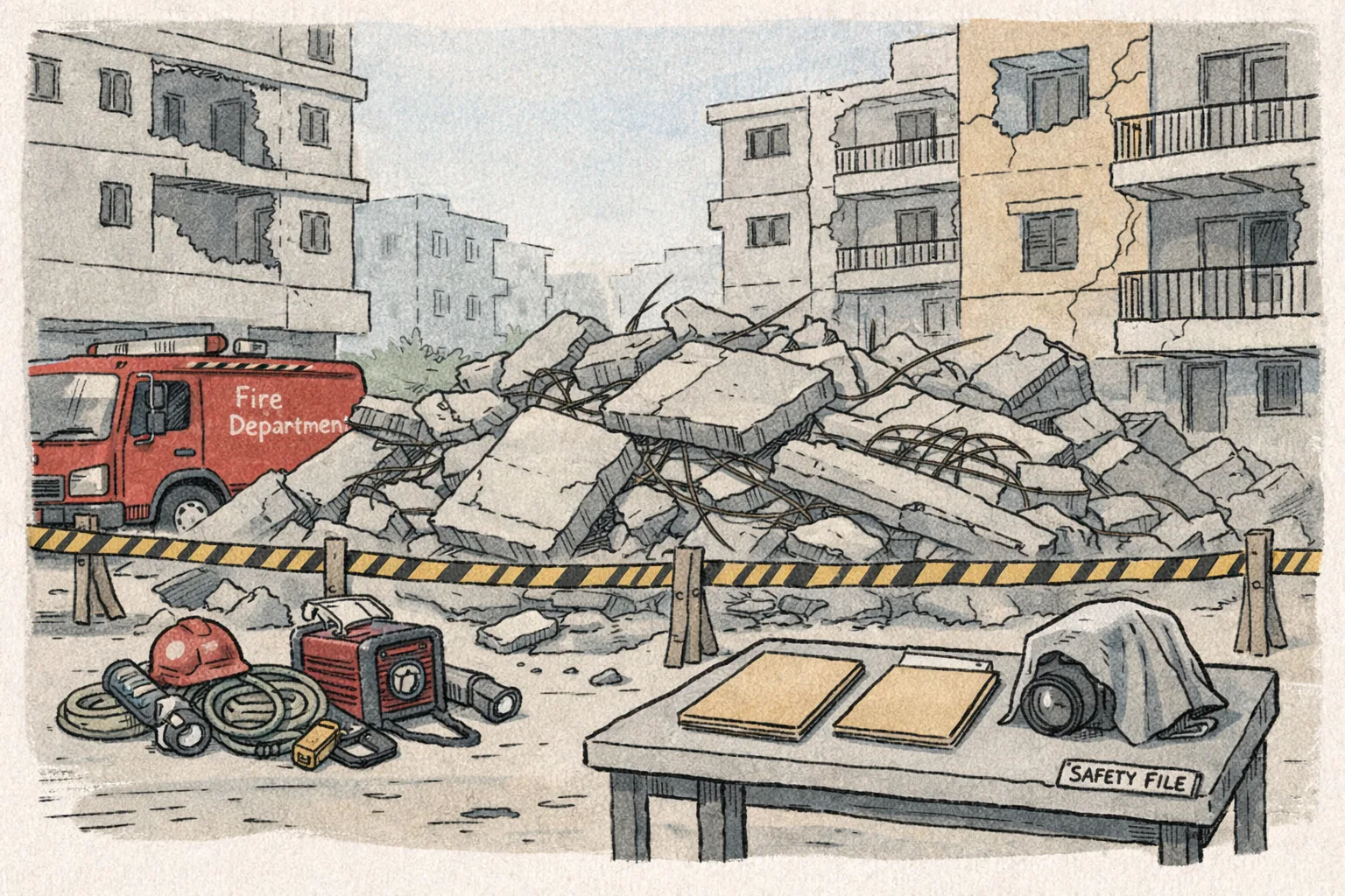 A dust-covered collapsed construction site in Hyderabad is cordoned off beside damaged apartment buildings, with a fire-rescue vehicle, search equipment and blank case files on a small table.