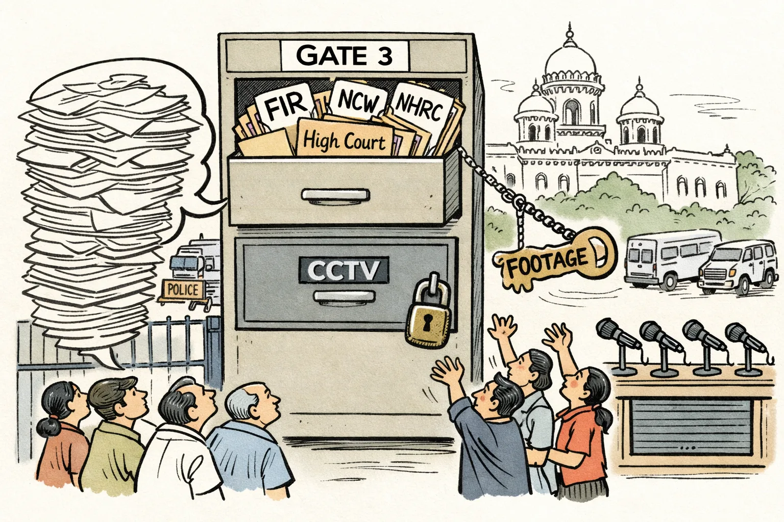 A cartoon of Telangana Assembly Gate No. 3 turned into a filing cabinet, with folders marked FIR, NCW, NHRC and High Court, while a locked CCTV drawer and an unreachable key marked FOOTAGE sit among empty microphones.