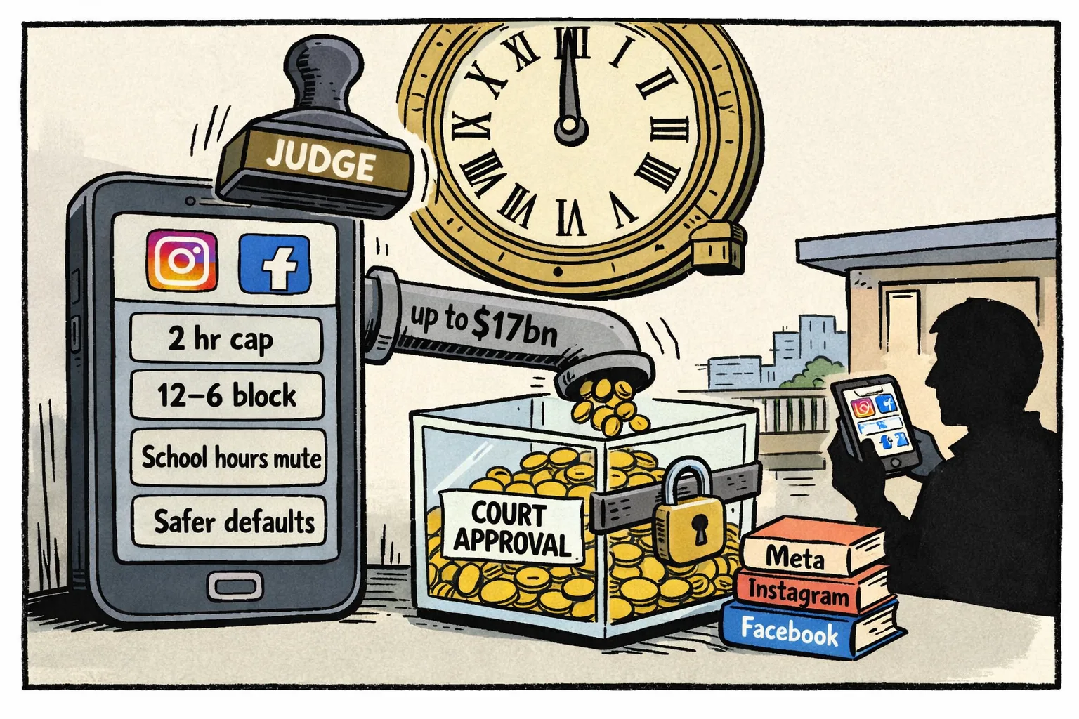 A cartoon smartphone control panel lists teen safety settings beneath a courtroom clock, while coins marked up to $17bn drip into a locked box awaiting a judge’s approval; a Telangana apartment and phone sit in the background.