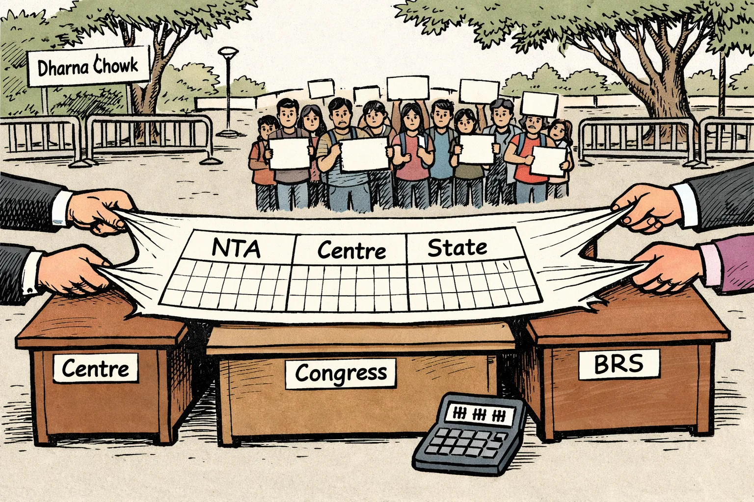 A crowded Hyderabad Dharna Chowk stands beneath a giant examination paper, while three government desks labelled Centre, Congress and BRS point at one another and students hold blank answer sheets.