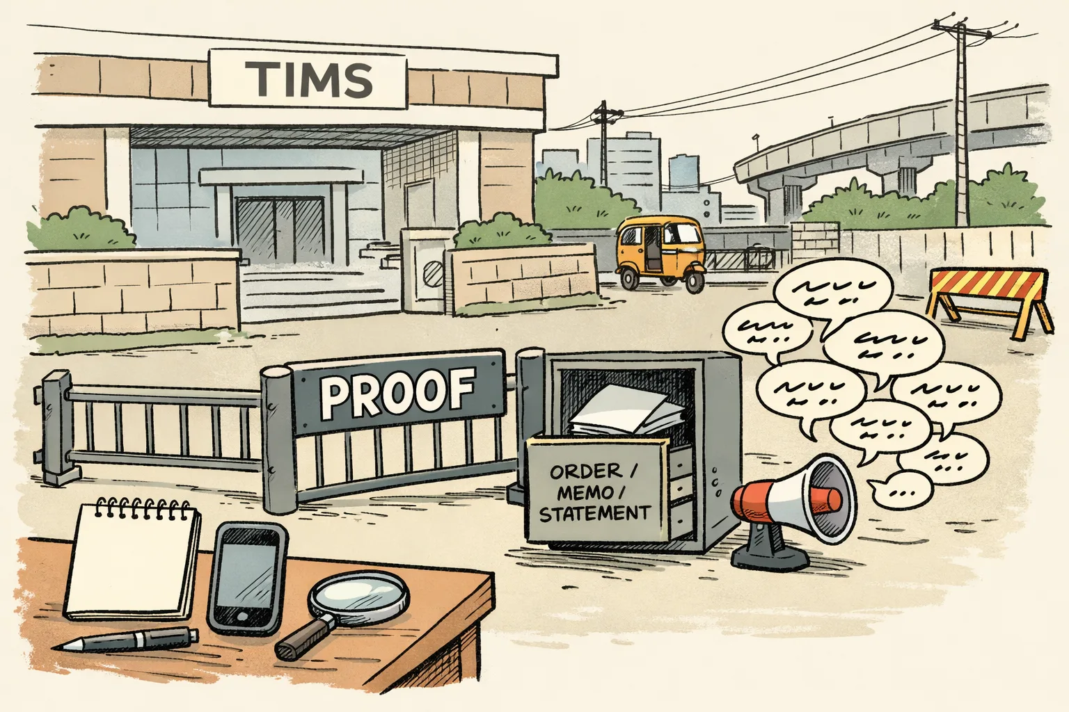 A cartoon outside a TIMS hospital entrance shows a gate marked “PROOF” beside an empty file cabinet, while indistinct rumour bubbles drift past blank documents and a parked police barricade.