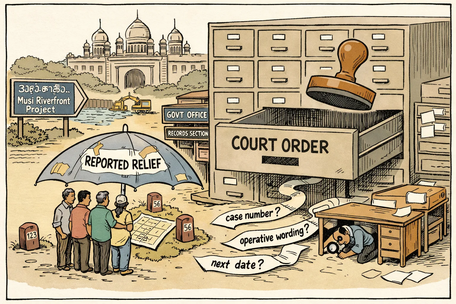 An oversized umbrella labelled “REPORTED RELIEF” shelters land papers outside a Telangana High Court-style building, while an empty file drawer labelled “COURT ORDER” sits in a records maze and a small figure searches beneath a desk.