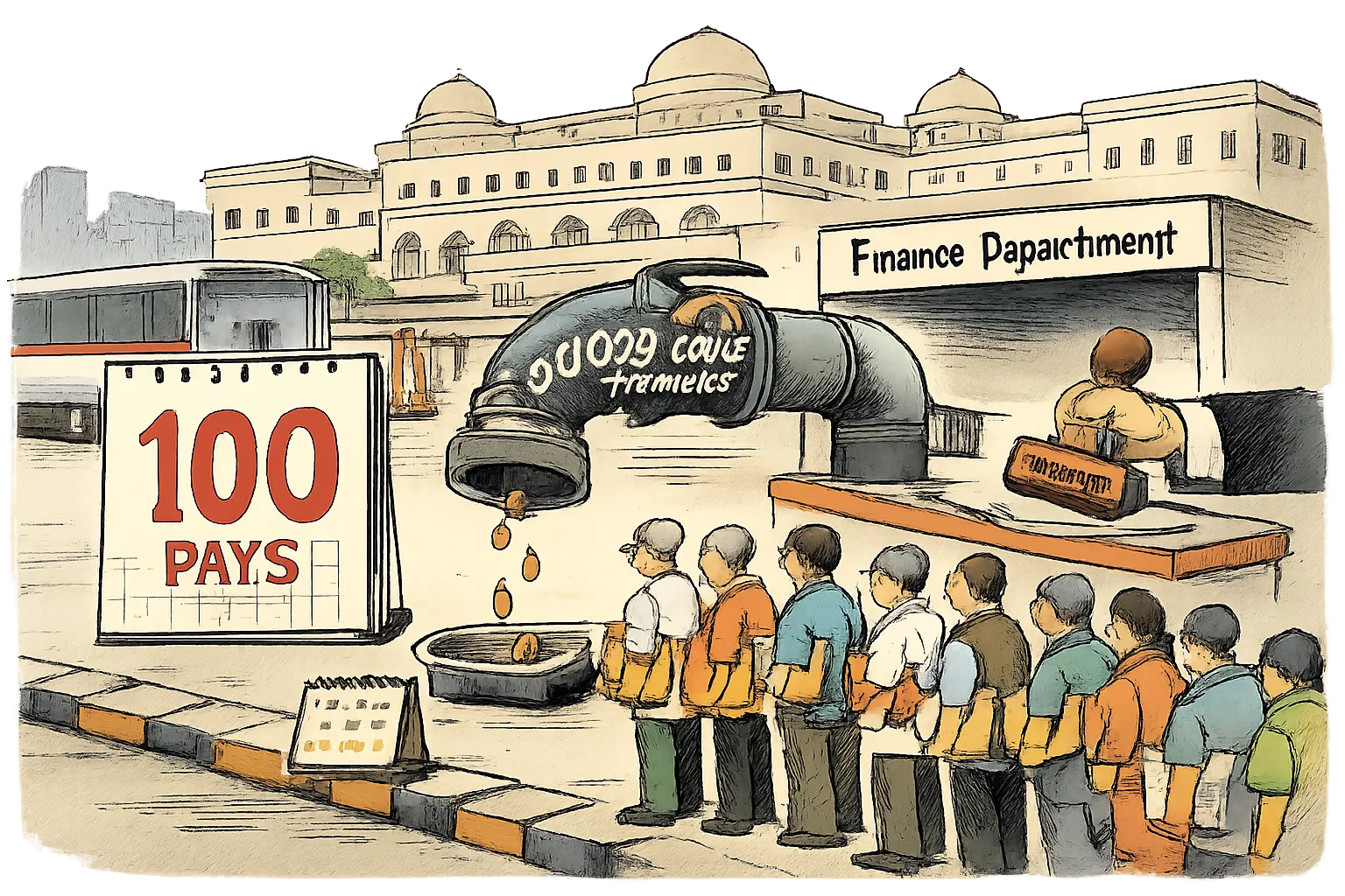A long queue of retired employees and small contractors waits outside the Telangana Secretariat beneath a pipe marked ₹6,000 crore promised, while a locked payment counter stamps their files pending.