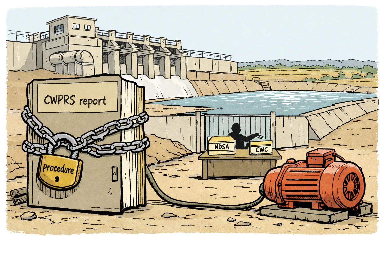 A locked file labelled CWPRS report and an idle irrigation motor stand before a gated canal at a Telangana pump house, with water visible beyond the gate and clearance folders on a desk.