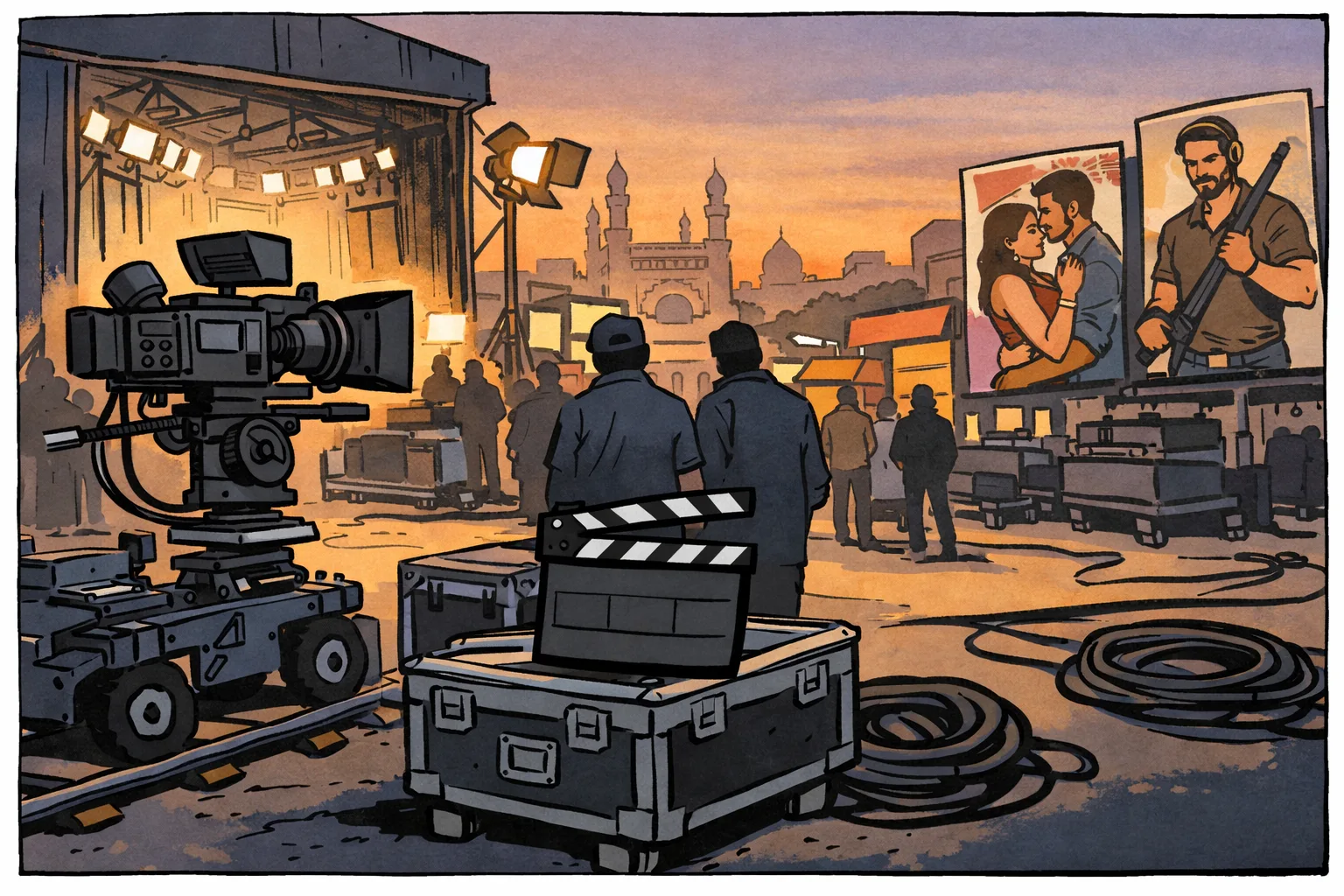 A Hyderabad film set at dusk with a camera dolly, lighting rigs, production cases and indistinct crew members outside a studio soundstage.