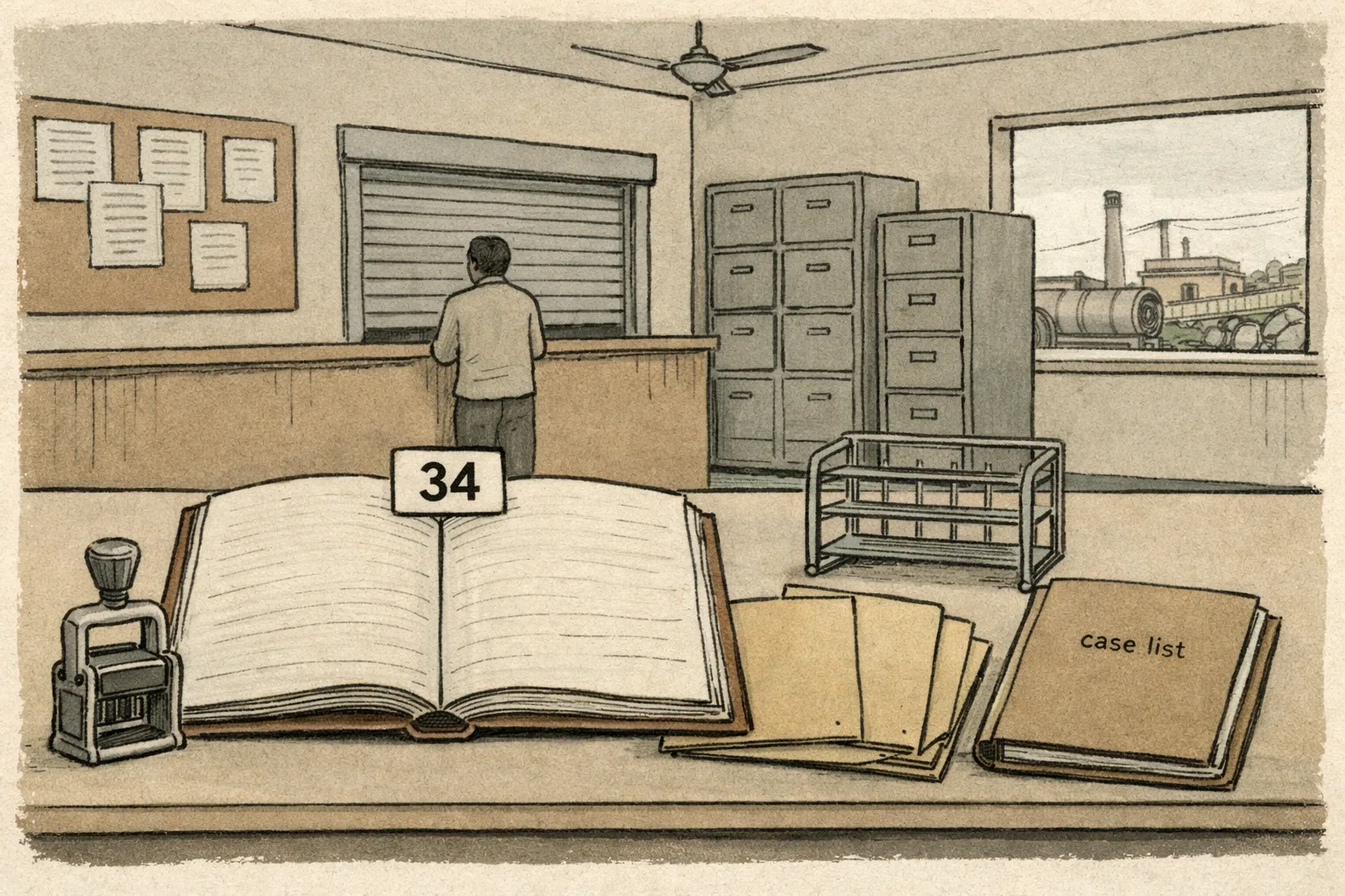 A muted drawing of a Rajanna Sircilla government records counter with a ledger marked 34, blank pages, empty folders and an unused case-register shelf.