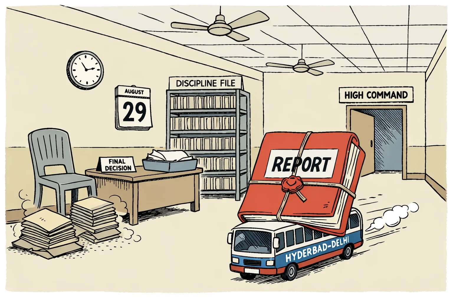 An oversized report file rides a small bus from a Hyderabad government office toward a doorway marked “HIGH COMMAND”, while an empty waiting room and overflowing inbox remain behind.