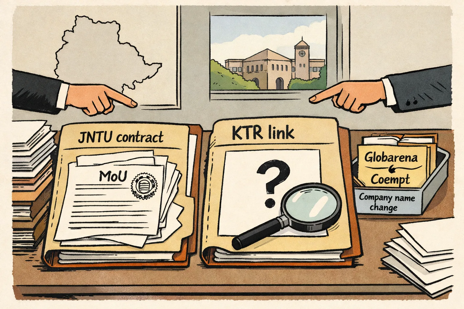 A Telangana press-room table holds two labelled files, one marked “KTR link” and another marked “JNTU contract”, while two oversized official-looking hands point at the empty space between them; a magnifying glass rests over blank papers, with a Hyderabad-style government building and a university sign in the background.