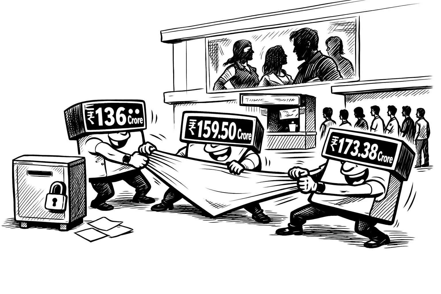 Three oversized cinema-revenue counters marked ₹136 crore, ₹159.50 crore and ₹173.38 crore pull at one film ticket while a small locked accounts cupboard sits ignored outside a Hyderabad cinema.