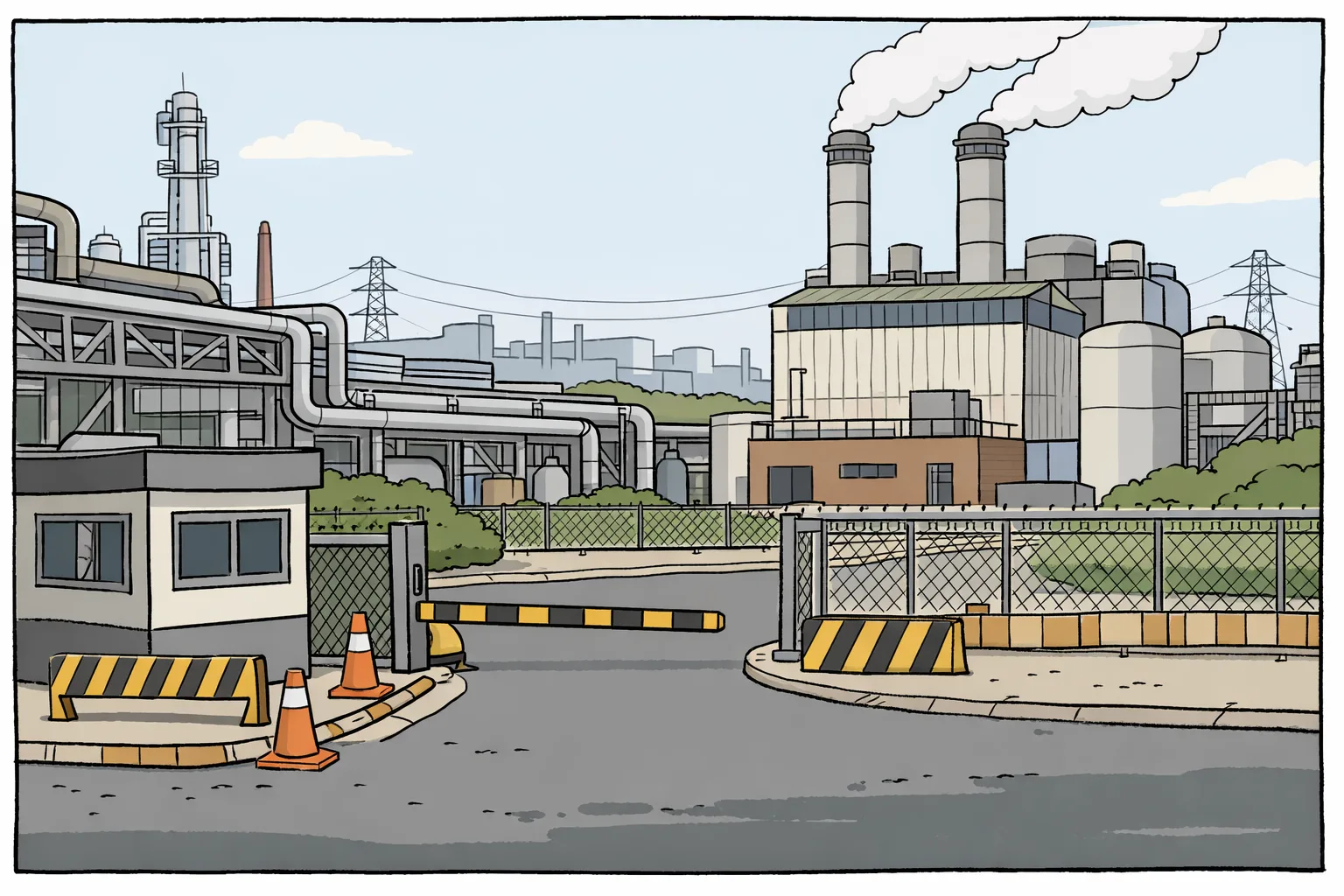 The exterior of a pharmaceutical industrial facility in Genome Valley, with a gated perimeter, pipes and utility structures under a muted daylight sky.