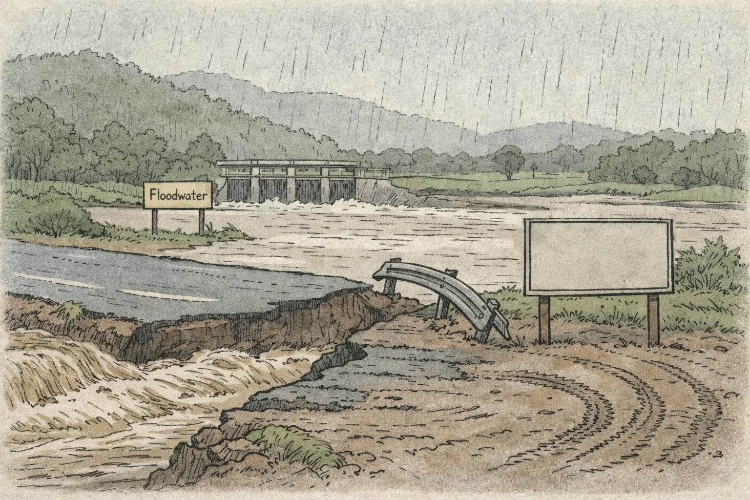 A rain-swollen Telangana stream runs beneath a washed-out road, with a closed gate and an unoccupied rescue-search area visible through the downpour.