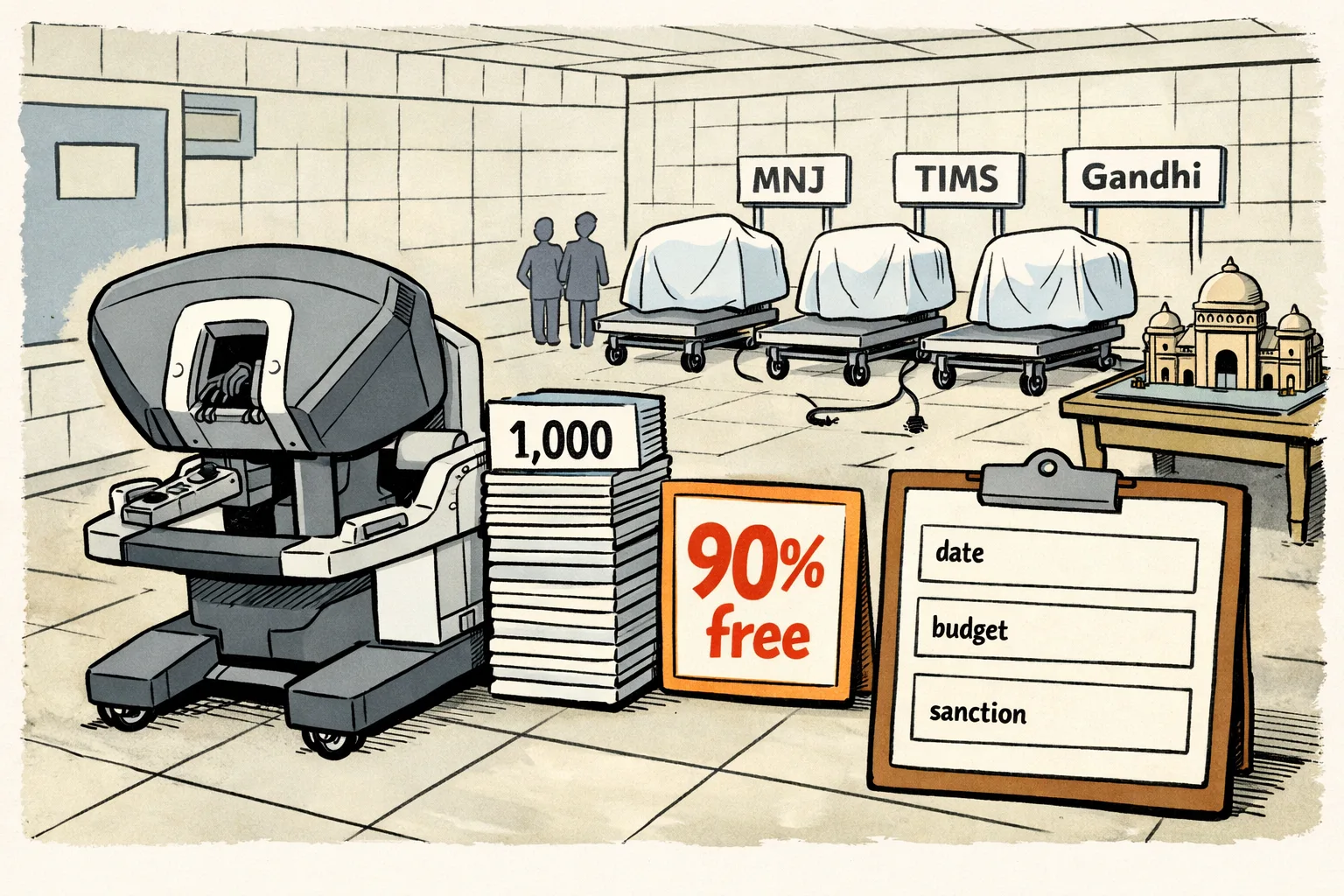 A hand-drawn hospital operating robot sits beside a neat stack of 1,000 completed procedure cards, while three empty hospital expansion bays marked with simple Telangana hospital names wait behind a clipboard with blank date and budget boxes.