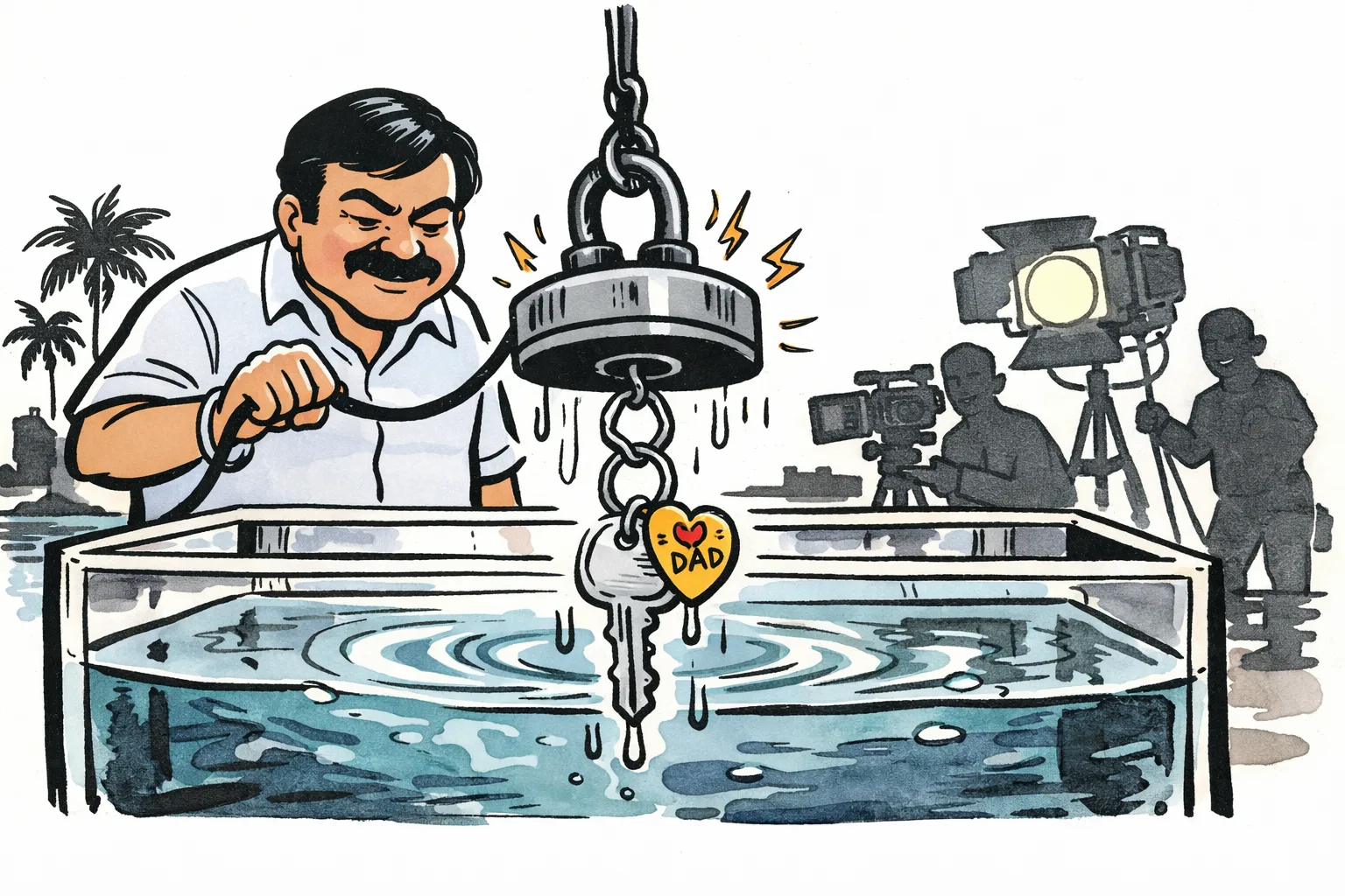 A metal key is lifted from a water tank by an electromagnet beside a small heart-and-dad keychain, with film lights blurred behind it.