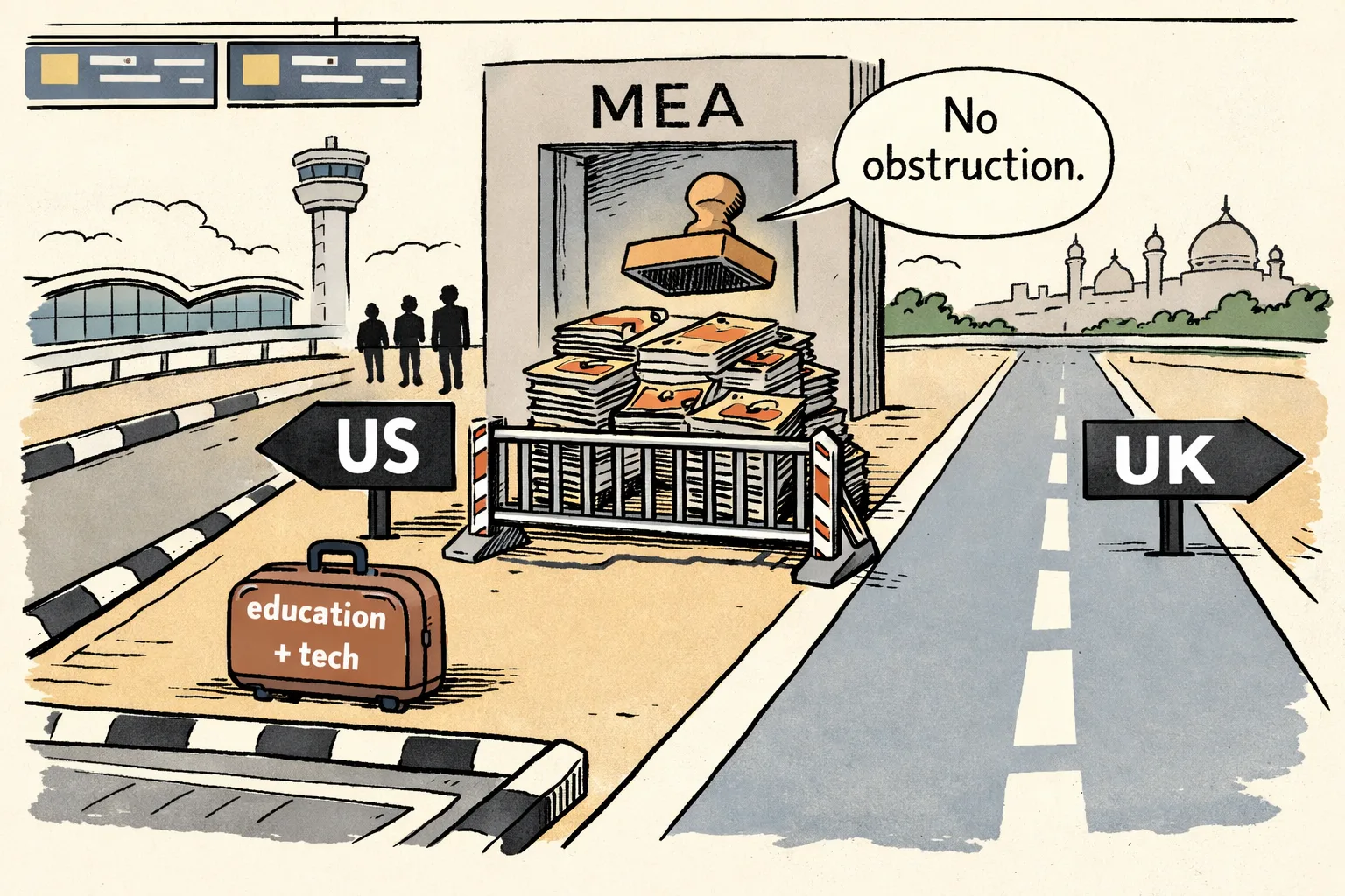 A suitcase marked education and tech sits before a bureaucratic barrier blocking a route labelled US, while a UK route remains open and an office marked MEA displays a No obstruction stamp.