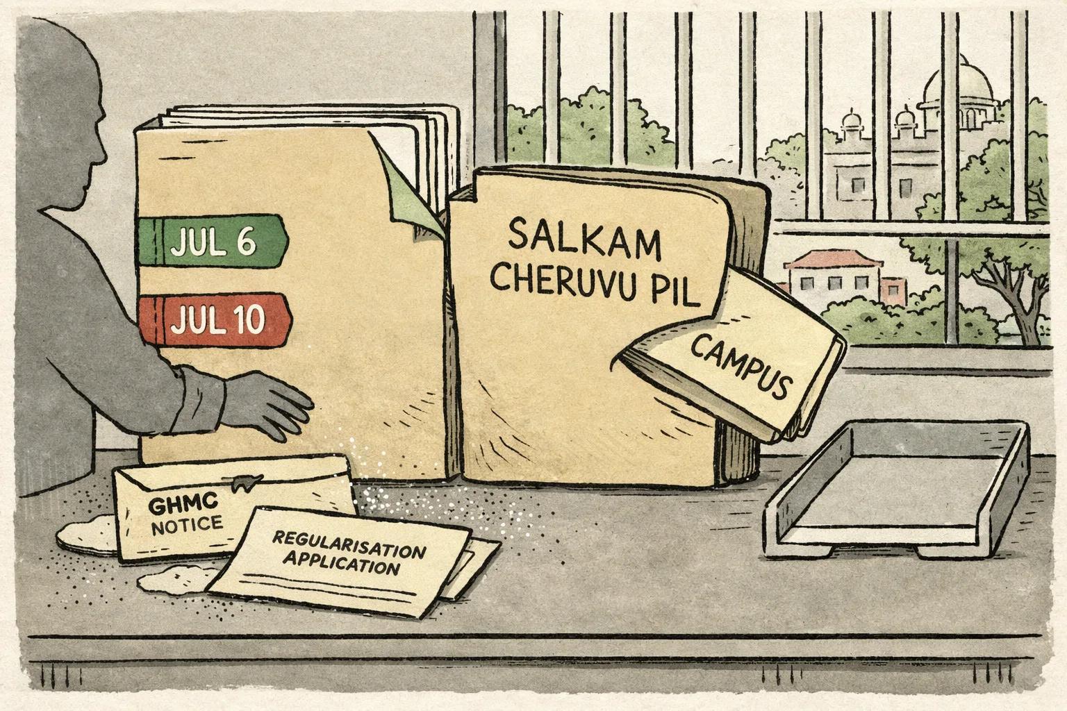 A Telangana High Court file marked with two dated status stamps sits beside a GHMC demolition notice and a thick lake-case file, while a small campus model waits behind a courthouse counter.