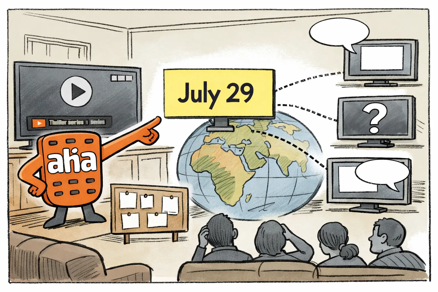 A cheerful Telugu OTT viewer reaches toward a laptop showing a play button, while a huge Aha-branded map pin over India is connected by a thin dotted line to distant overseas screens marked with question marks.