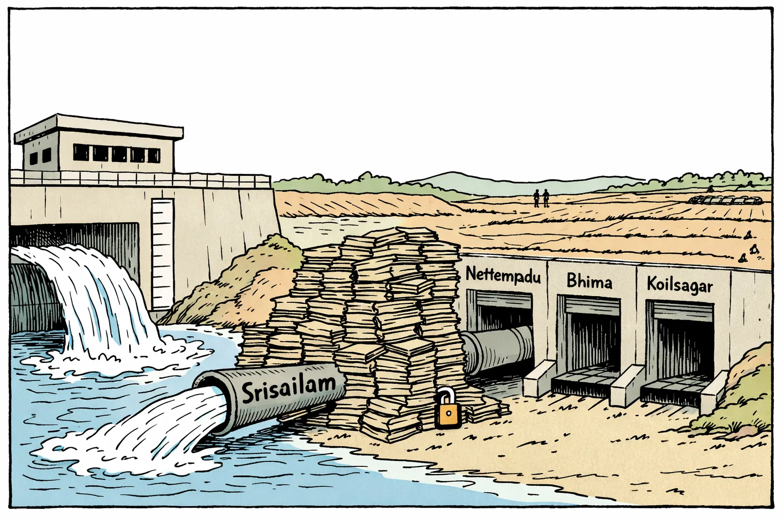 A Telangana irrigation control room with a large Jurala reservoir gauge nearly full, while water flows through a pipe marked toward Srisailam and canal gates marked for Nettempadu, Bhima and Koilsagar remain shut beside a tall stack of approval files.