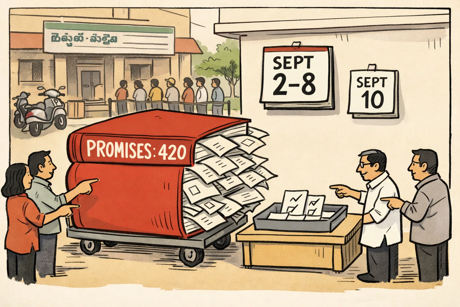 A huge ledger labelled “PROMISES: 420” spills papers beside a small government counter with only a few completed checkboxes, beneath a calendar marked September 2–8.