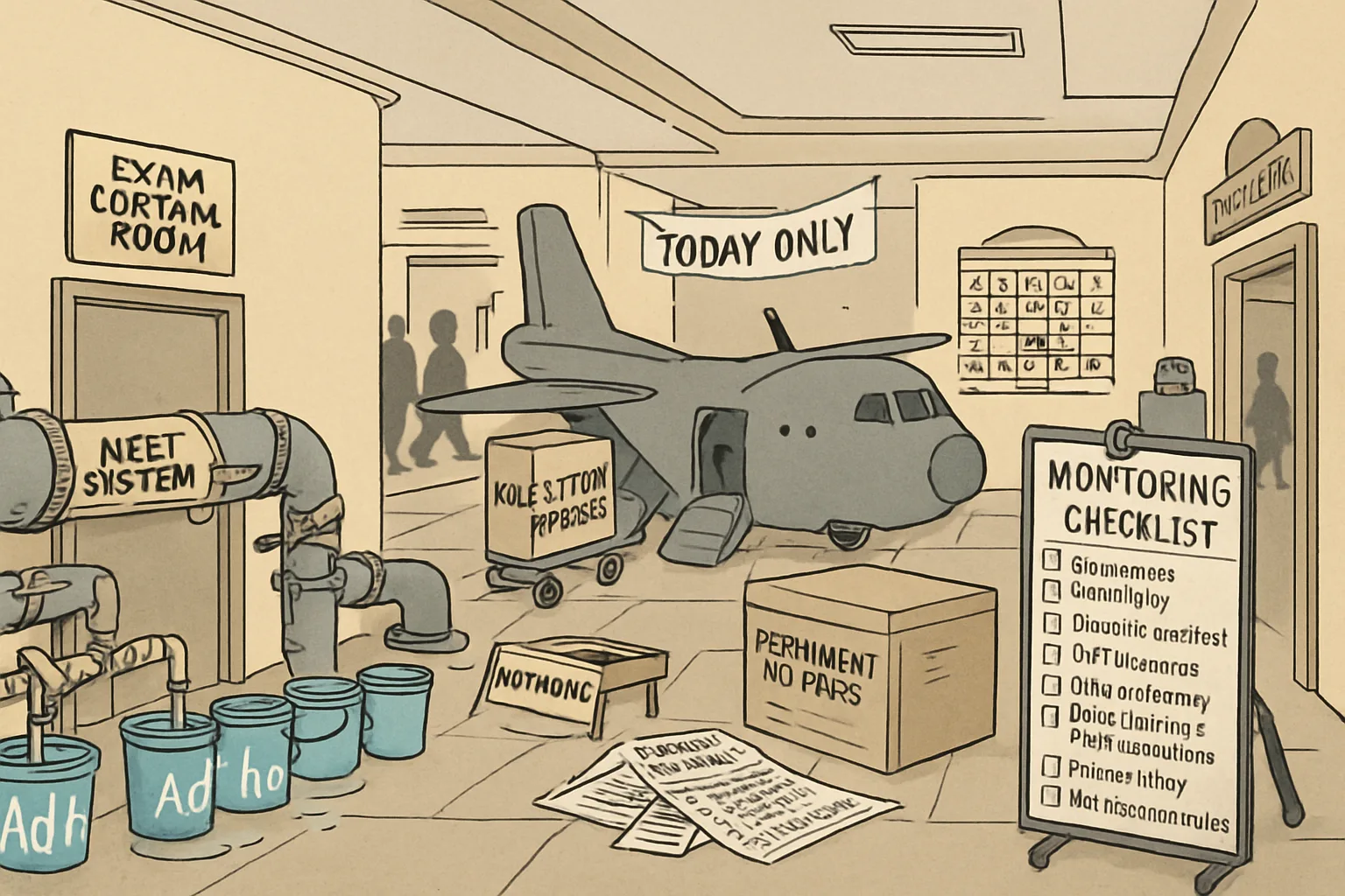 An editorial cartoon shows a leaky pipeline labeled “NEET SYSTEM” held together with duct tape and buckets marked “Ad hoc,” while a large cargo plane awkwardly parked in a government corridor delivers boxes of “Question Papers.” Beside it, an unopened crate labeled “Permanent Reforms – Assembly Required” spills instruction pages like “Governance Board,” “Security,” “CBT Feasibility,” and “Data Protection.” At the hallway’s end, a doorway marked “Supreme Court” has a neat “Monitoring Checklist” on a stand with empty tick boxes. No people are in focus, just office props like metal cabinets, files, and a pedestal fan.