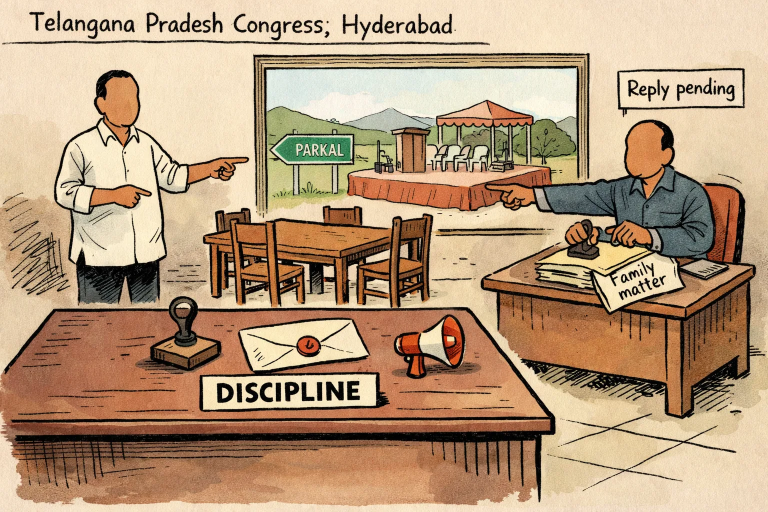 An anonymous political office treats a sealed disciplinary letter like a family quarrel while a dusty cabinet marked “Specific answers” remains locked.