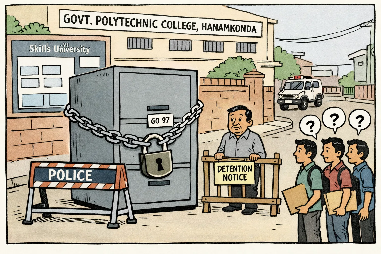Outside a Government Polytechnic College in Hanamkonda, police-style barriers and locks guard a large filing cabinet marked GO 97 while an unidentifiable detained political figure and students with empty folders stand nearby.