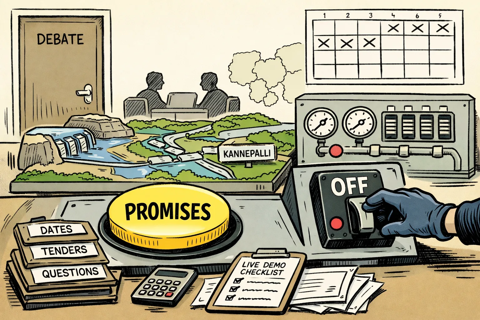 A Telangana government control panel shows a large promise button glowing while a separate Kannepalli pump switch remains off; beside it, BRS clipboards hold dated tenders, procurement figures and question marks, with an unopened debate door in the background.