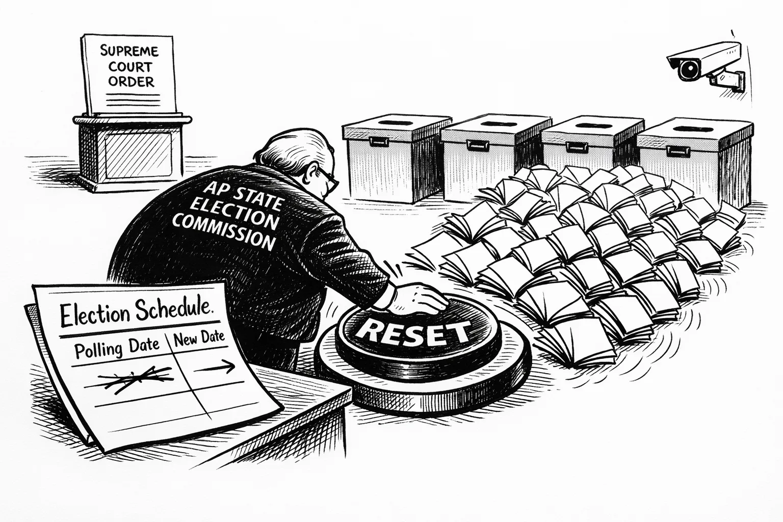 An election official presses a giant reset button as 72 nomination files reopen and roll toward four municipal ballot boxes; a court order and CCTV camera sit behind the counter.