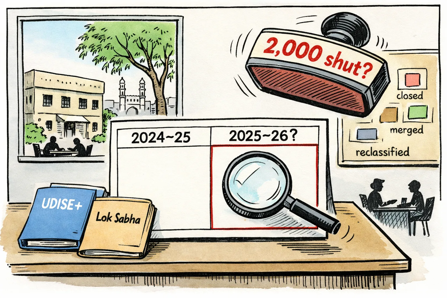 A large, blank data table sits on a Telangana government school desk while a magnifying glass searches for a missing 2025–26 column; folders marked UDISE+ and Lok Sabha lie nearby, with a school building visible through the window.