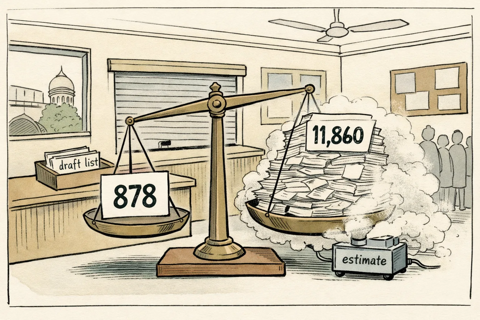 A newspaper cartoon shows a weighing scale balancing a clean sheet marked 878 against a large fog-covered pile marked 11,860, with a small machine labelled estimate and election files in a Telangana government office.