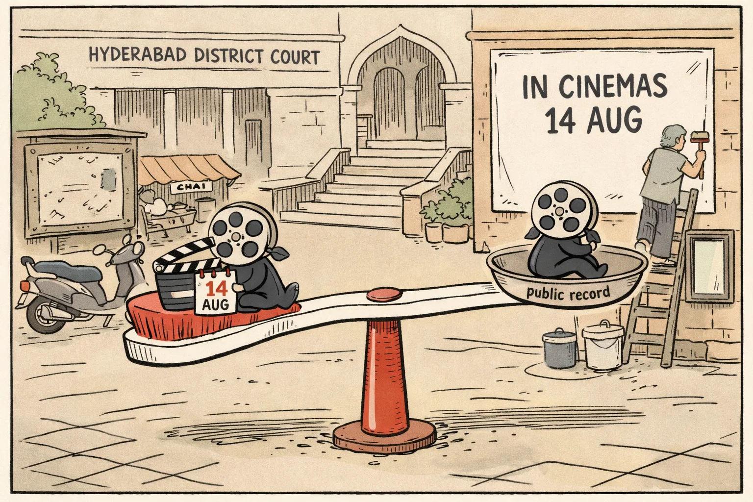 A giant toothbrush balanced like a weighing scale stands outside a Hyderabad district courtroom, with two small film-reel figures perched on its ends and a blank release-date poster hanging nearby.