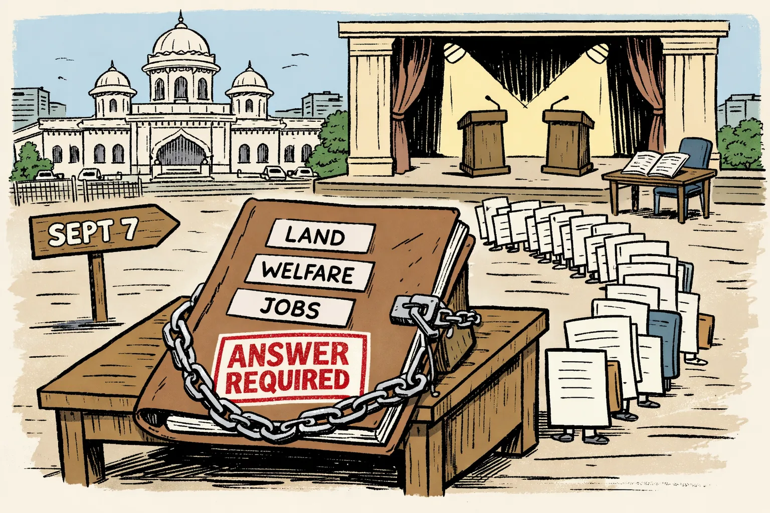 Outside the Telangana Legislative Assembly, a huge folder labelled Land, Welfare and Jobs is surrounded by application papers and a queue, while two empty lecterns and an unattended attendance register sit in the background beneath a September 7 sign.