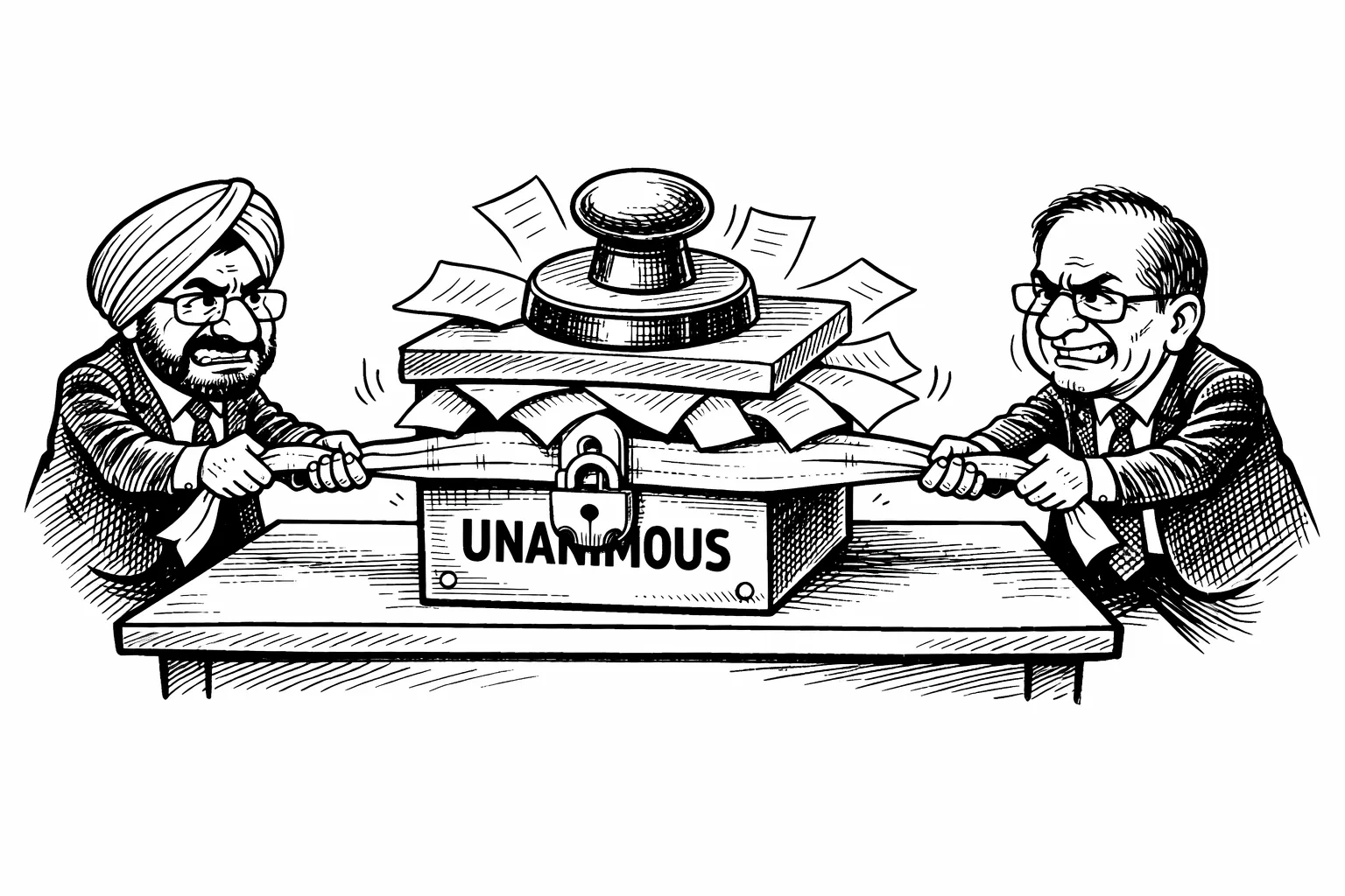 Two election commissioners pull at an objection document beside a locked box stamped “UNANIMOUS”, while fourteen papers protrude from beneath its lid and an official seal presses it shut.