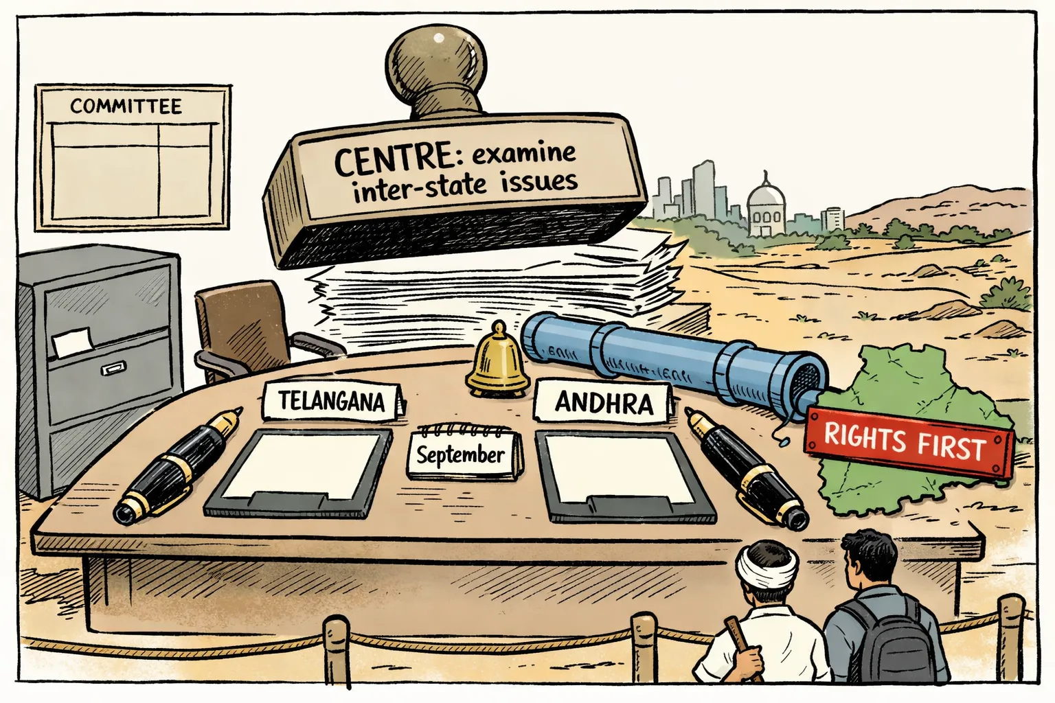 A cartoon signing table prepared for a September water agreement has pens and empty Telangana and Andhra signature boxes, while a locked file cabinet and an unstamped inter-state review document stand nearby.