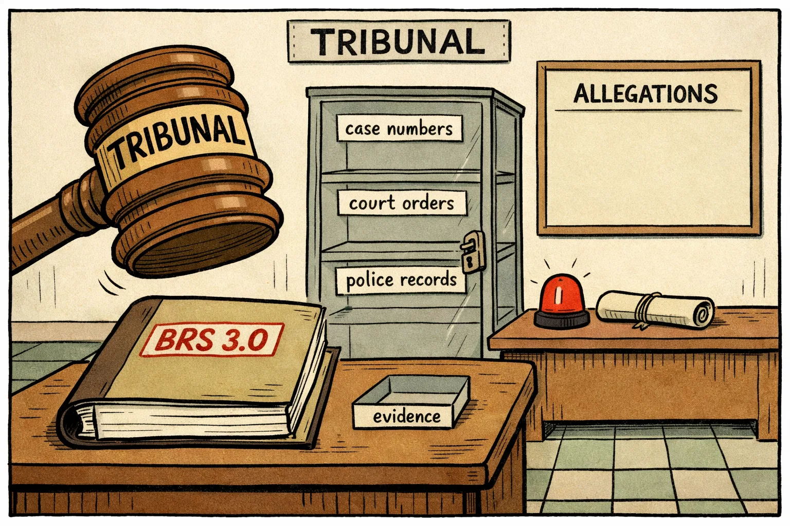 An oversized gavel marked “TRIBUNAL” hangs over an empty file labelled “BRS 3.0”, beside a locked cabinet with empty shelves for case numbers, court orders and police records.
