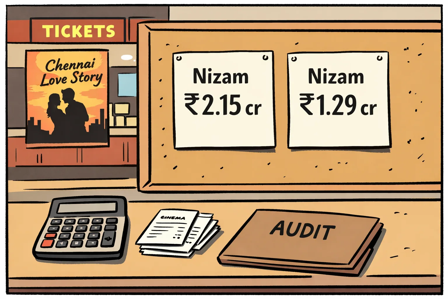 A cinema ticket counter in Hyderabad displays two different opening-day totals for the same film, while a calculator, receipts and an unopened audit file sit on the counter.