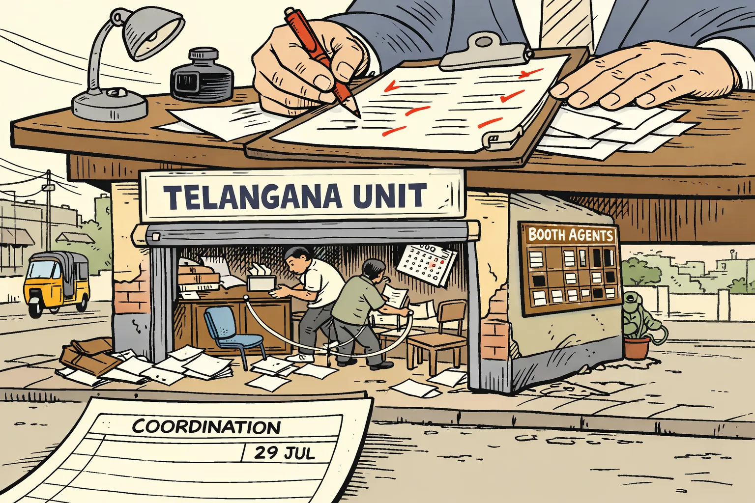 A Telangana Congress office shown as a cluttered shop, with empty booth-agent chairs, scattered faction files and a large Delhi office desk above it holding a coordination calendar.