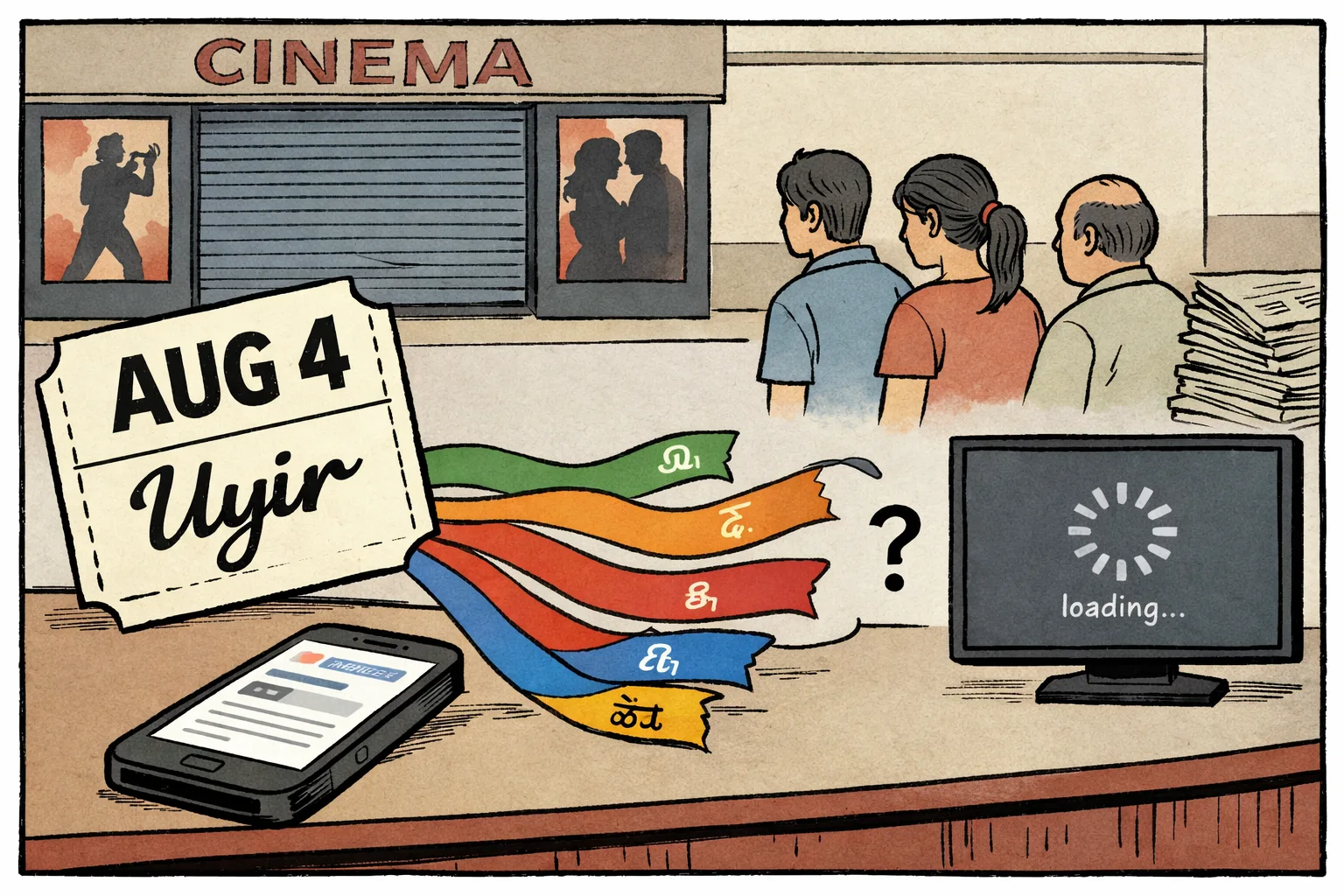 A cinema ticket marked 'August 4' lies beside a smartphone showing a blurred streaming announcement, while five coloured audio-track ribbons lead toward a Telugu-language television at the edge of the frame.