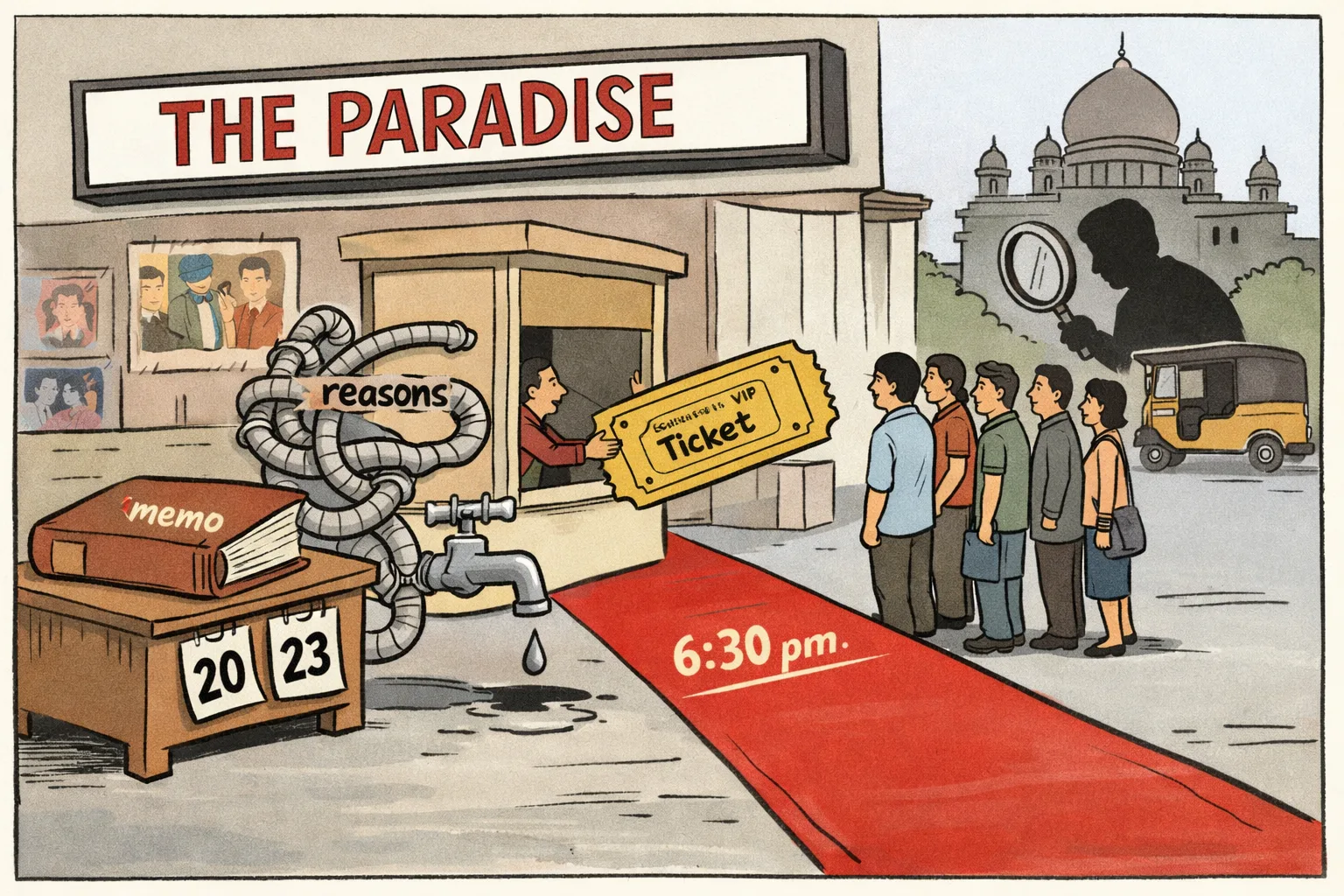 A Hyderabad multiplex offers a ₹500 special-show ticket beside a red carpet, while a government memo and a pipe labelled reasons remain empty under a calendar showing only three days between approval and screening.