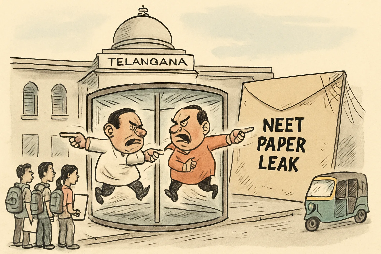 Editorial cartoon showing two generic cartoon politicians spinning inside a revolving door outside a government building, each pointing at the other, while a giant dusty envelope stamped 'NEET Paper Leak' sits untouched behind them and student protesters with blank placards watch quietly in the foreground.