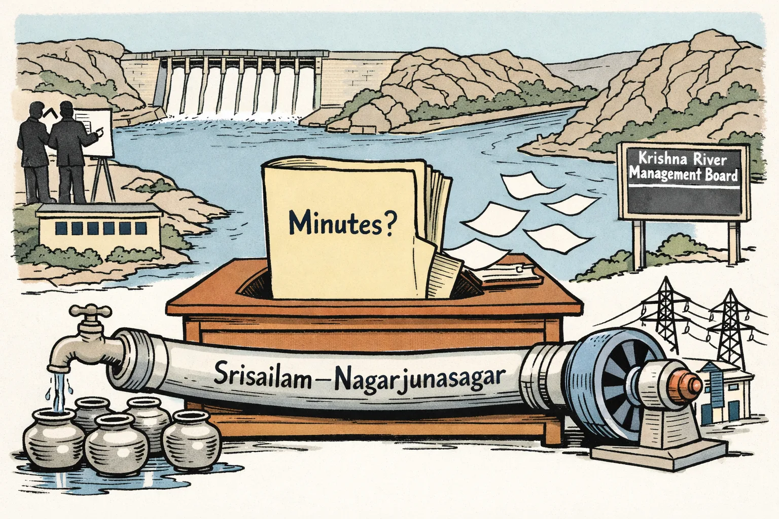 A cartoon at the Srisailam dam shows a shared water pipe pulled between a drinking-water tap and a hydel turbine, while an empty government file marked “Minutes?” sits nearby.
