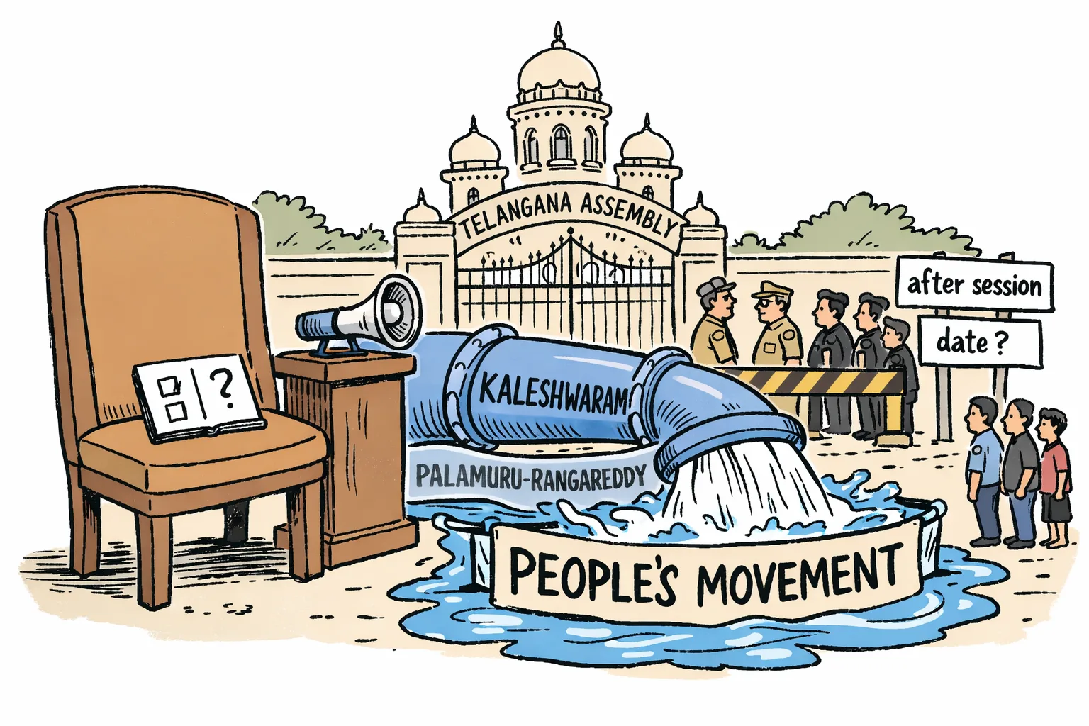 A cartoon outside the Telangana Assembly shows a water pipeline labelled with two irrigation projects pouring water beneath a protest banner, while an empty chair and an uncertain attendance register sit beside an unattended podium; a small group waits behind a police barrier.