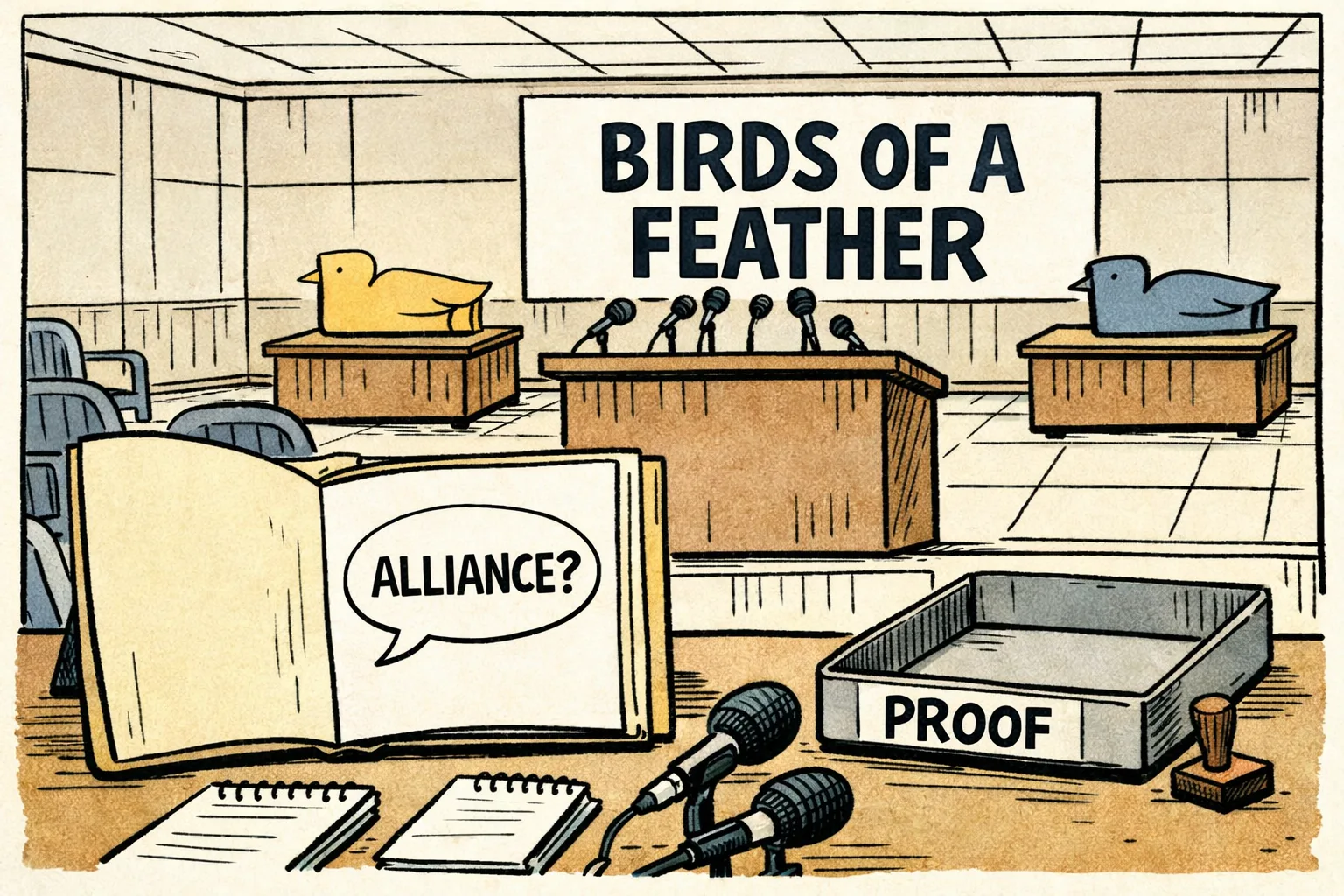 An empty evidence folder and unused proof stamp sit beneath a large press-conference slogan, while two separate bird-shaped folders remain apart in a Sircilla-style hall.