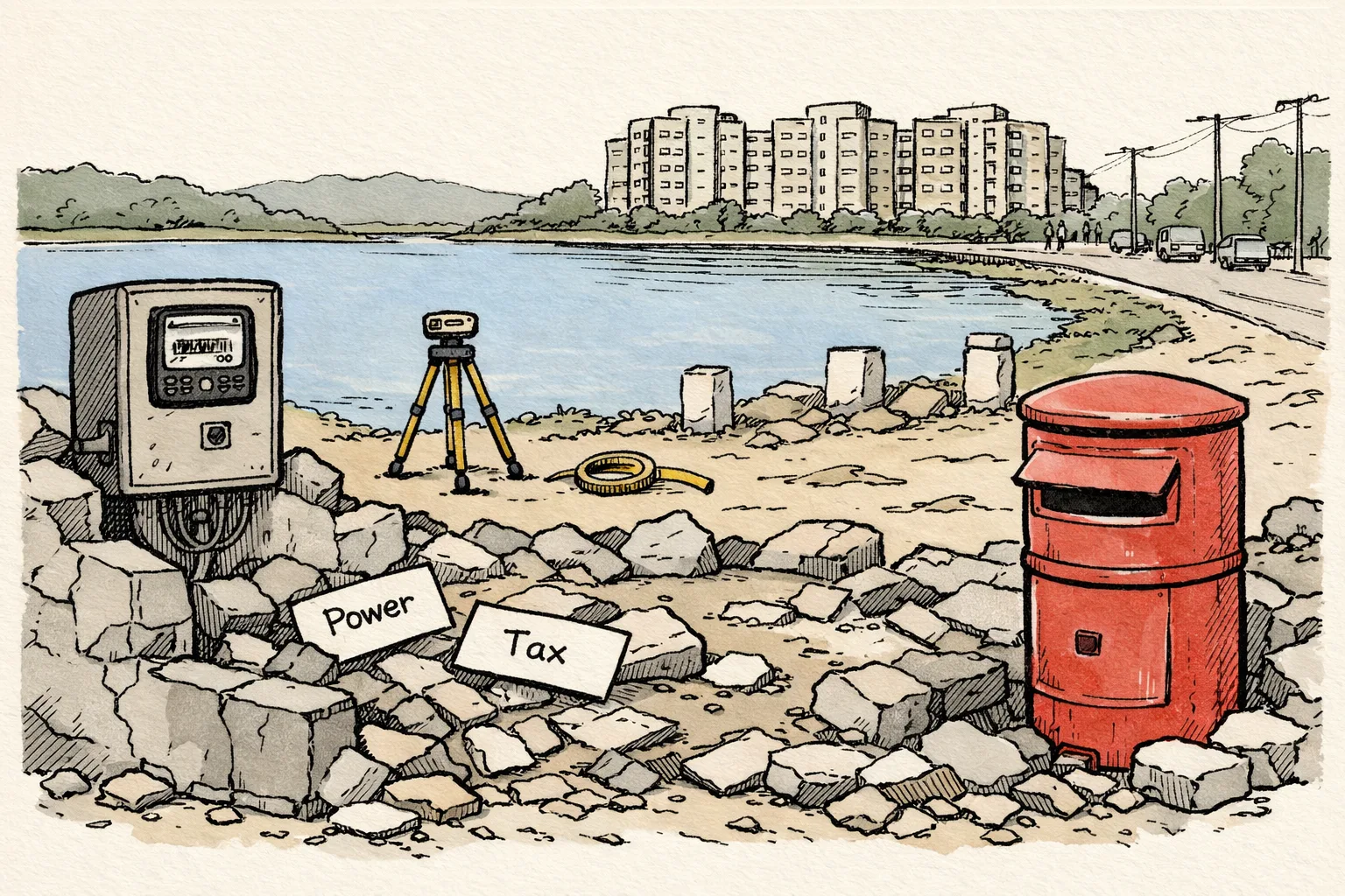 The rubble and foundation of a demolished house beside Sunnam Cheruvu, with an electric meter, tax and power envelopes, and unfinished lake-boundary survey markers.