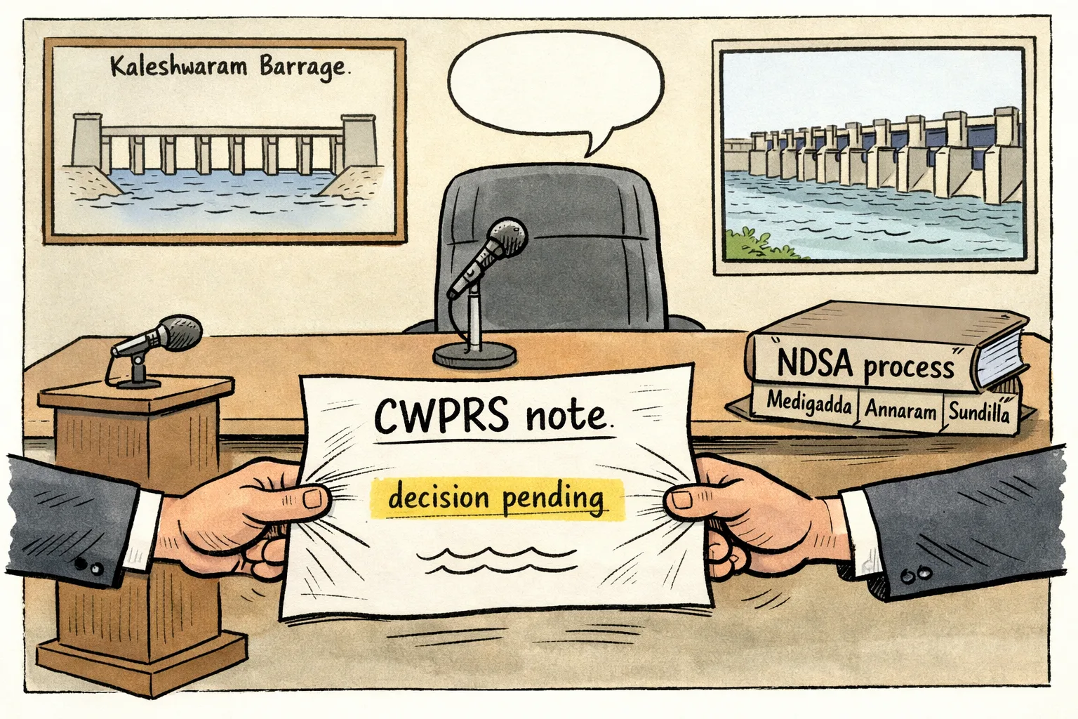 An oversized CWPRS note labelled 'decision pending' is pulled between two anonymous podiums, while an NDSA process folder and a Telangana barrage diagram sit on an irrigation office desk.