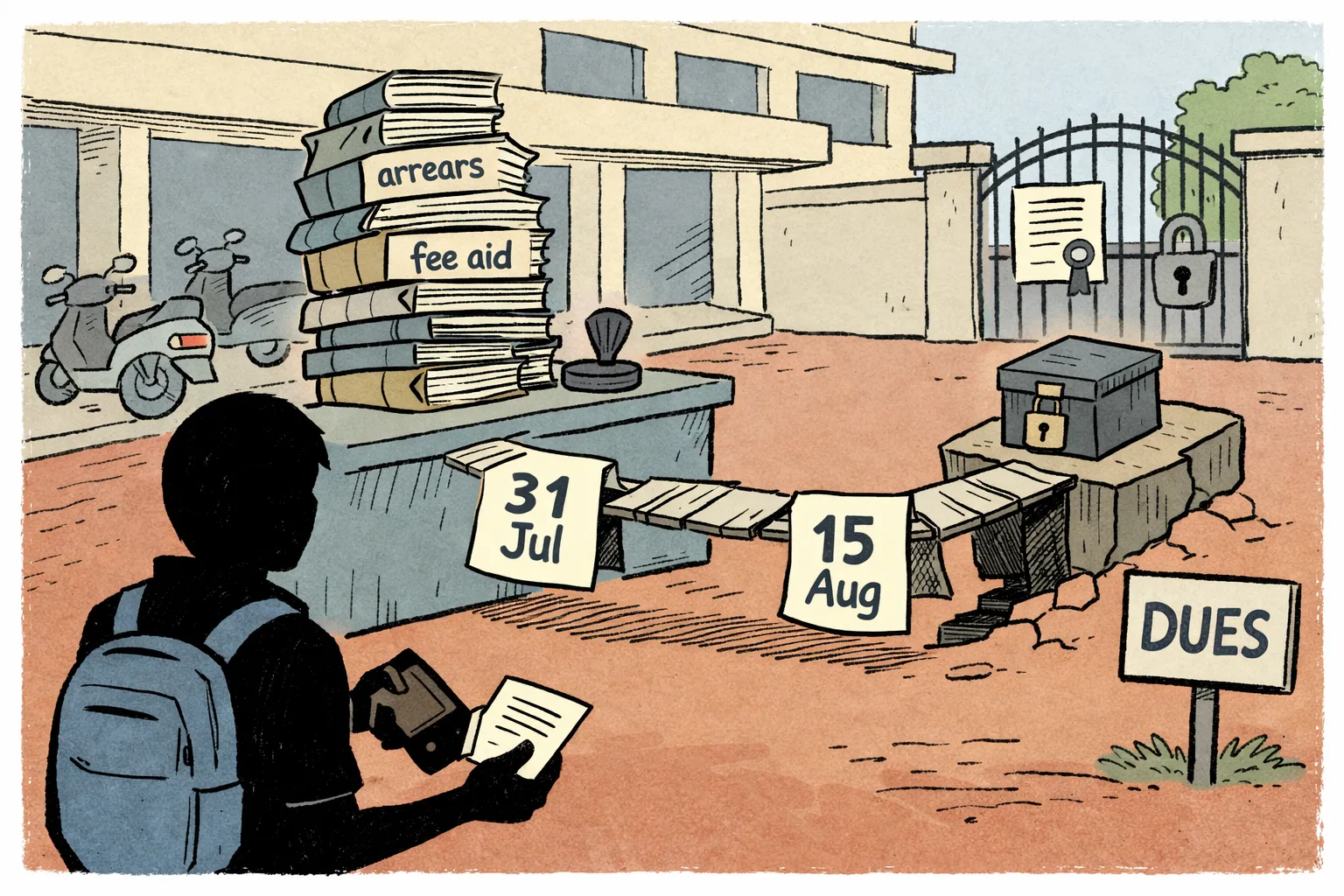 A Telangana college office counter is buried beneath overdue fee files and calendar pages, while a student stands beside an empty wallet and a college gate marked with a certificate symbol remains shut.