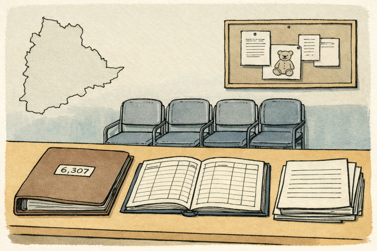 A plain editorial illustration of a Telangana Police records desk with a sealed folder marked “6,307”, a row of empty child-sized chairs, and an unfilled district map beside a railway-station notice board.