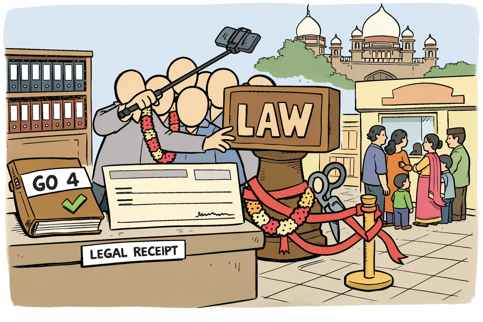 Anonymous public representatives try to pose with a welfare cheque while a courthouse-shaped barrier marked “LAW” blocks a selfie stick; a file marked “GO 4” and a receipt sit at a government counter.